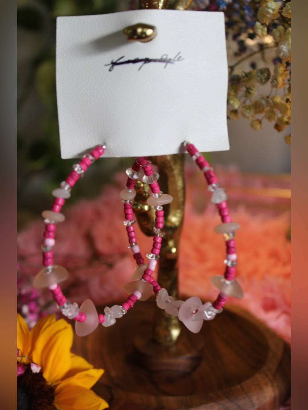Free People Pink Beaded Hoop Earrings with Rose Accents